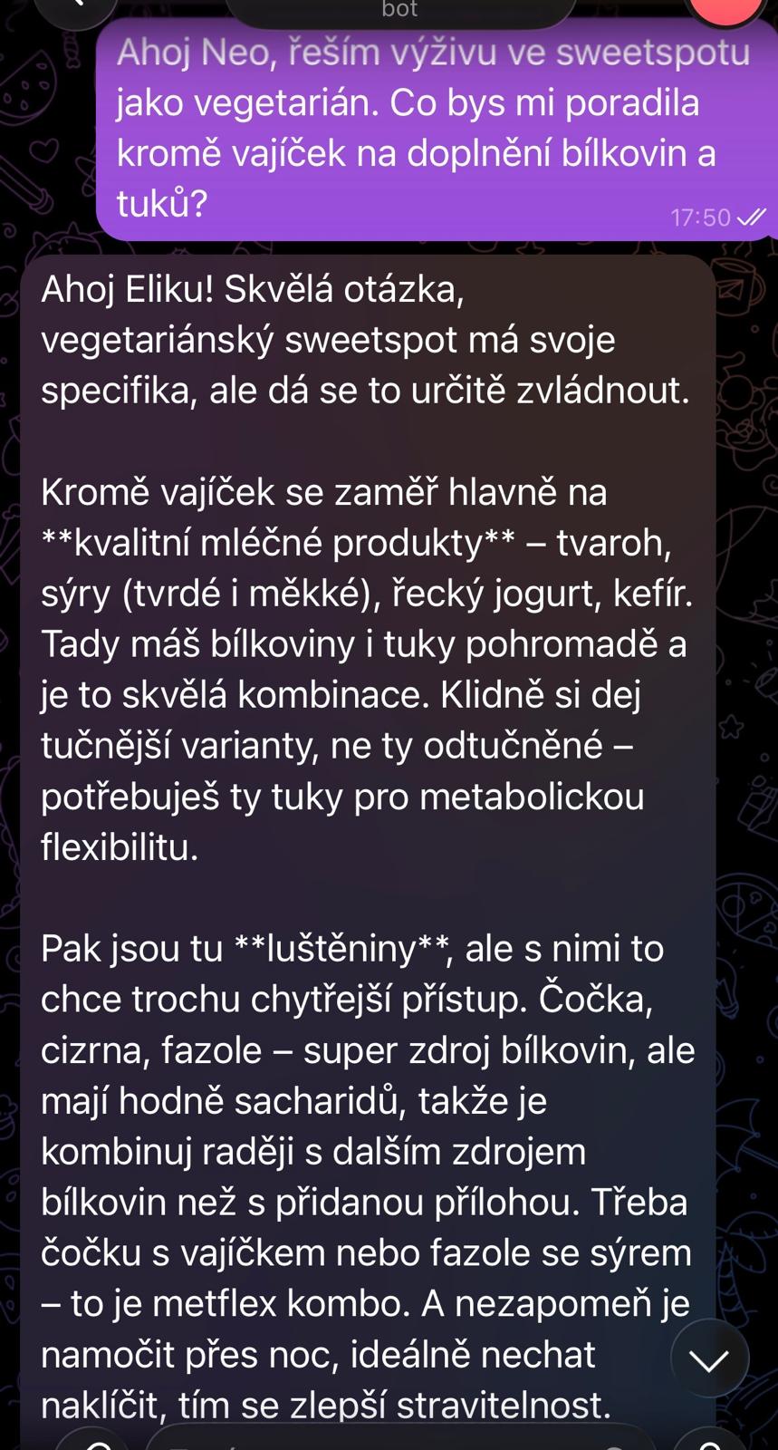 Vegetariánský sweetspot, bílkoviny a tuky